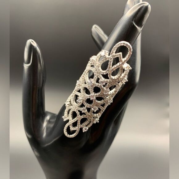 S925 Sterling Silver Cubic Zirconia Hollow Knuckle Finger Ring Size 7 - Picture 1 of 6